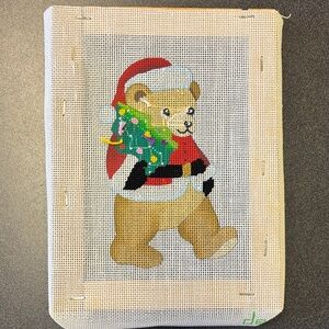 Vintage DEDE Needlepoint Canvas Santa Bear Picture Hand Painted Pre-started READ